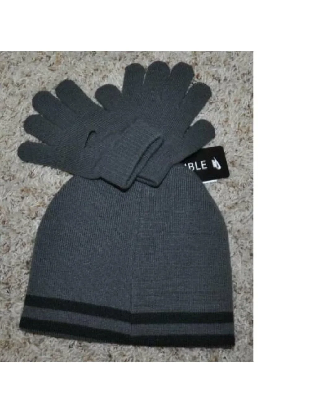 NIKE Hat & Gloves Set 8-20 Kids Swoosh Logo Reversible Black Gray Beanie Winter